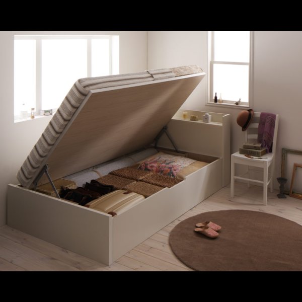 画像2: シンプル棚付き・ガス圧式跳ね上げセミダブルベッド【Dania】ダニア