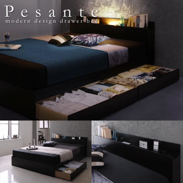 画像1: ムード照明・コンセント付き・かっこいいブラックカラー収納ベッド シングル 【Pesante】ペザンテ
