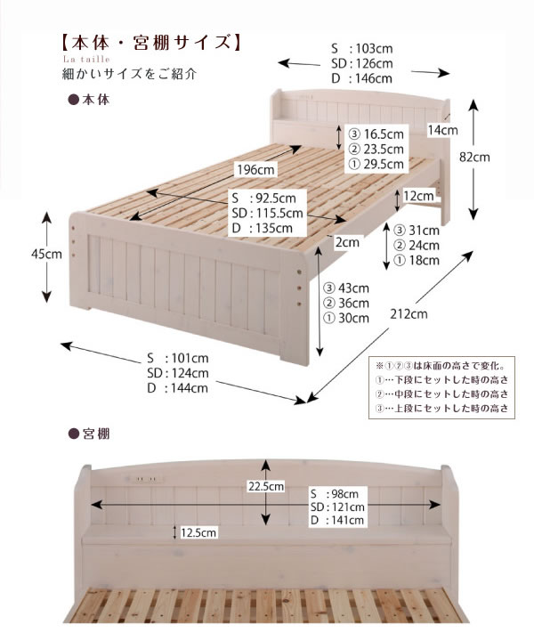 高さが調節できる!宮棚&コンセント付きすのこベッド【Shalotte】シャロット　通販