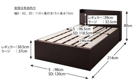日本製：深さが選べる大容量ベッド下収納付きすのこタイプセミダブルベッド