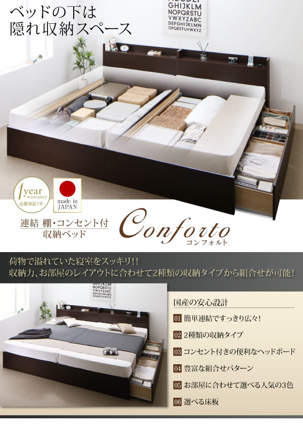日本製・すのこも選べる収納付き連結ベッドConfortoコンフォルト シングルサイズの激安通販はサンドリーズ