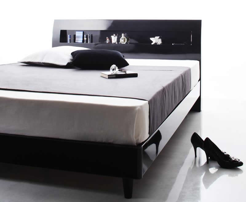 ベッドフレーム すのこベッド ダブル マットレス付き 棚 コンセント付きデザインすのこベッド プレミアムポケットコイルマットレス付き 
